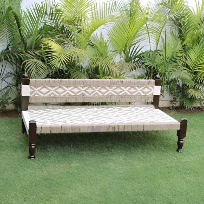 Wooden White Beige Jute Charpai with Backrest