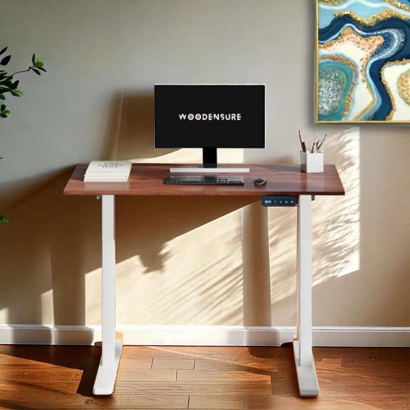 Zenithium brown sit & stand desk with white legs |  Zenithium brown sit & stand desk with white legs