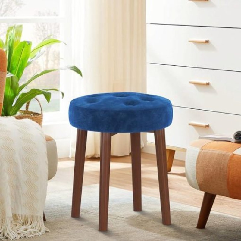 Luxury Blue Tufted Stool with Wooden Legs | Stool | Luxury Blue Tufted Stool with Wooden Legs