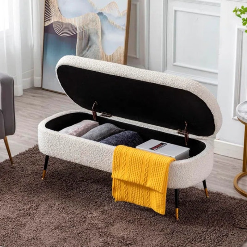 Luxury White Upholstered Storage Ottoman Bench