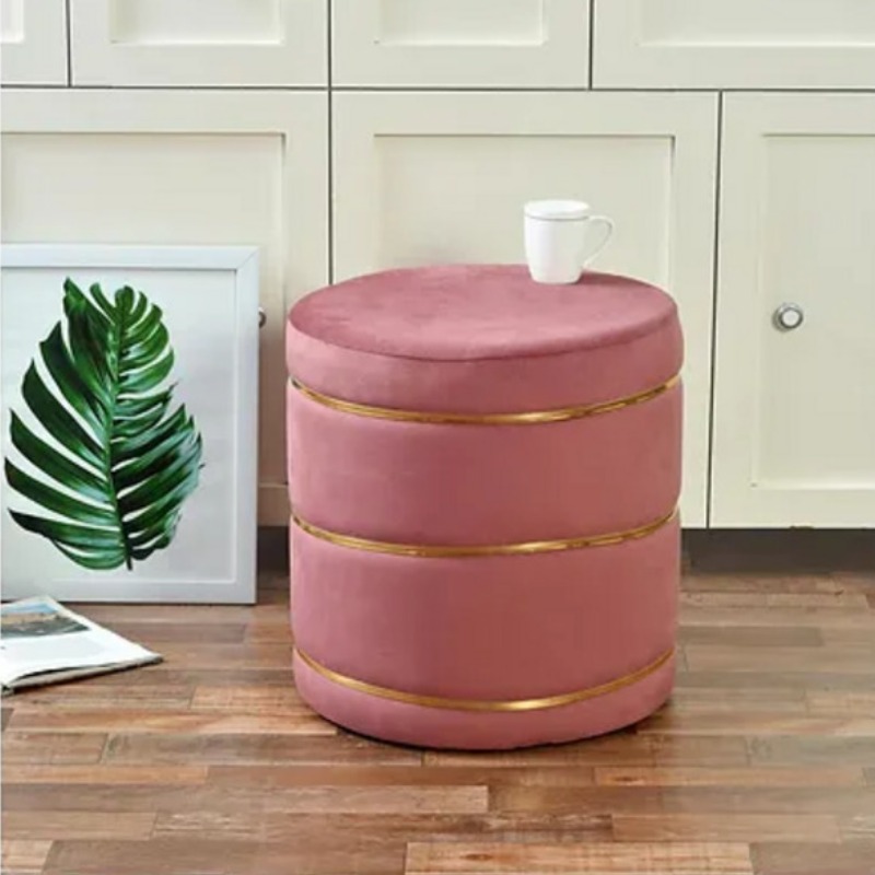 Elegant Round Pink Velvet Ottoman | Stool | Elegant Round Pink Velvet Ottoman