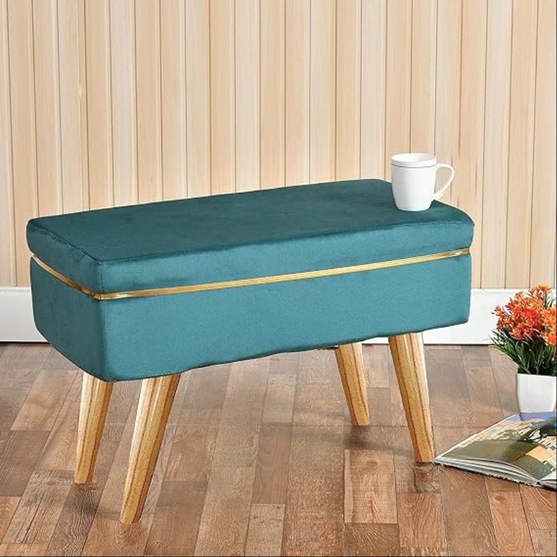 Modern Velvet Bench with Gold Accent