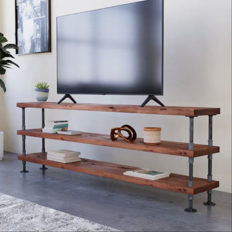 Rustic 3 Tier Solid Wood TV Unit with Metal Frame | Living Room Accessories | Rustic 3 Tier Solid Wood TV Unit with Metal Frame