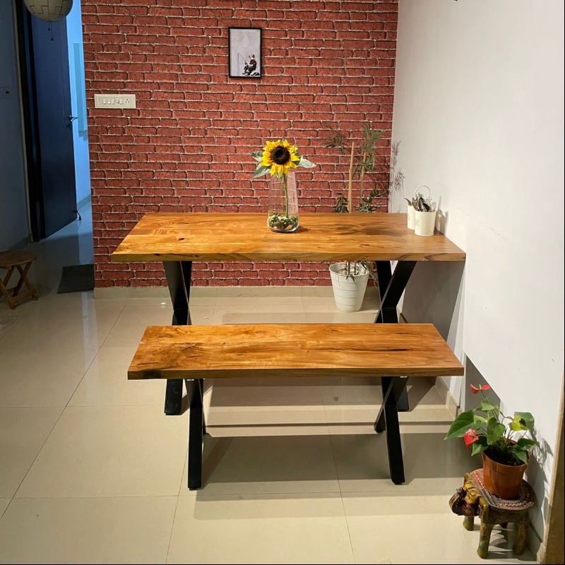 Woodensure Live Edge Solid Wood Dining Table with Match...