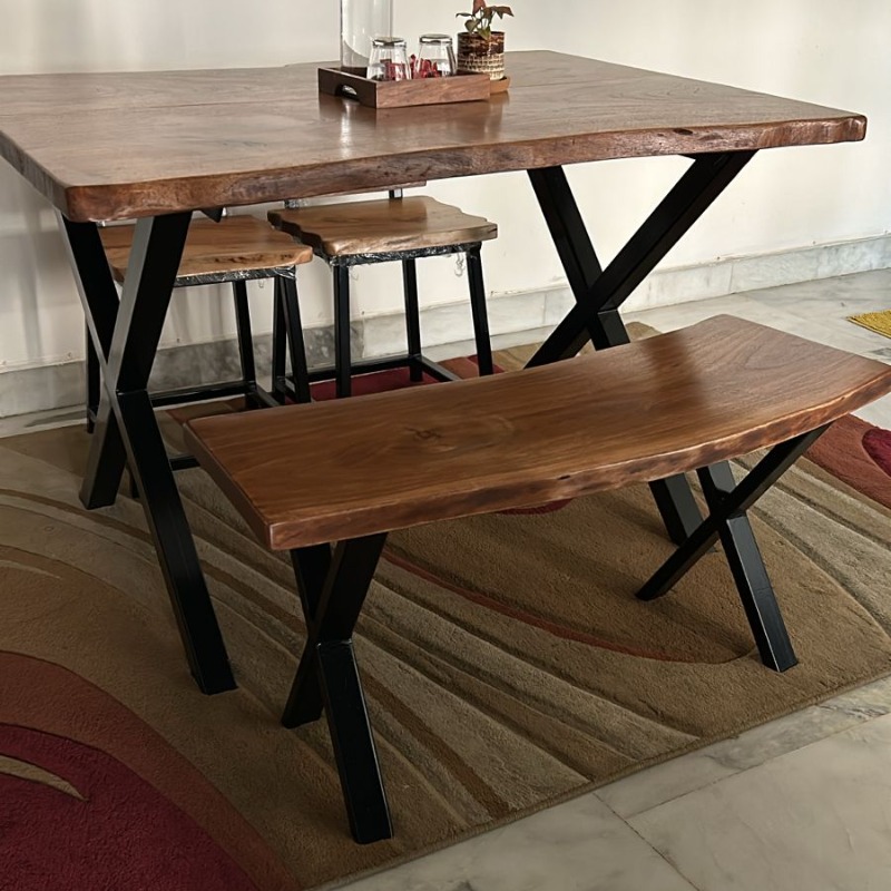 Woodensure Live Edge Solid Wood Dining Table with Bench...