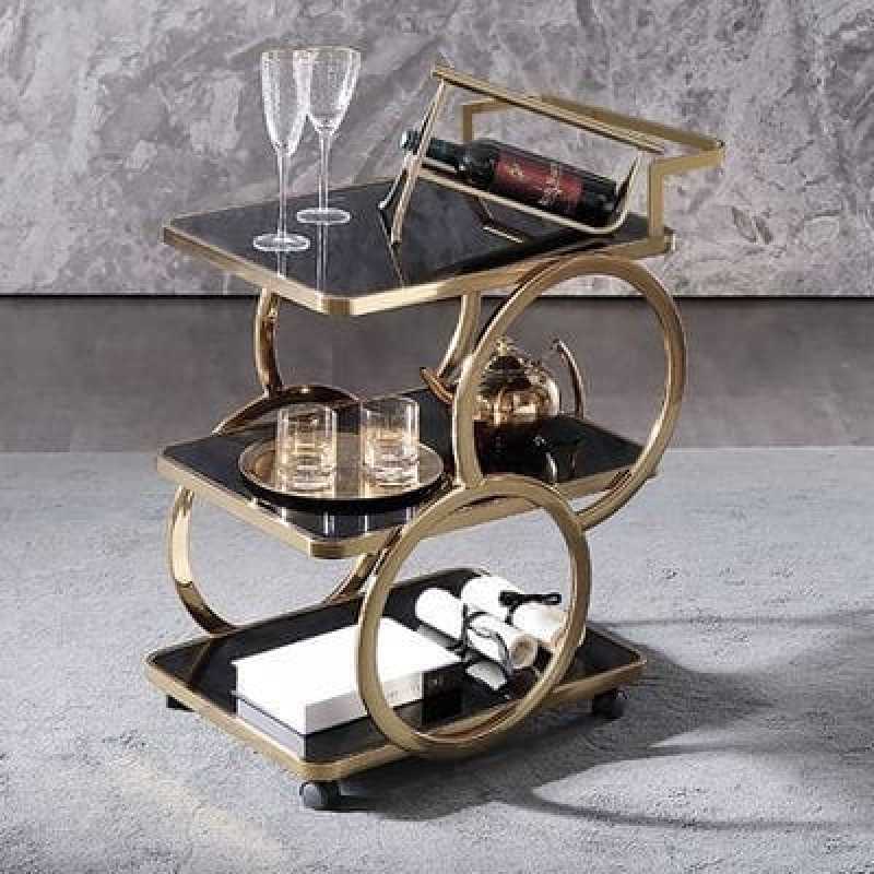GoldServe Bar Serving Cart | Black Glass with Gold Frame | Three-Tier Trolley | Li...