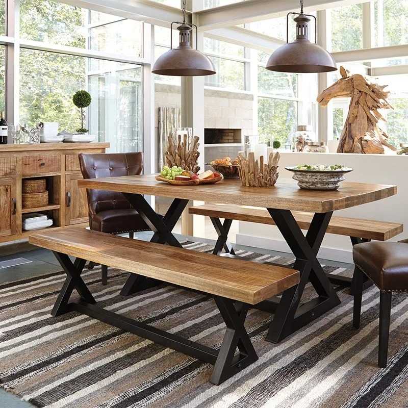 Acacia Wood Dining Table Set | Industrial X-Leg Design | Natural Matte Finish | Di...