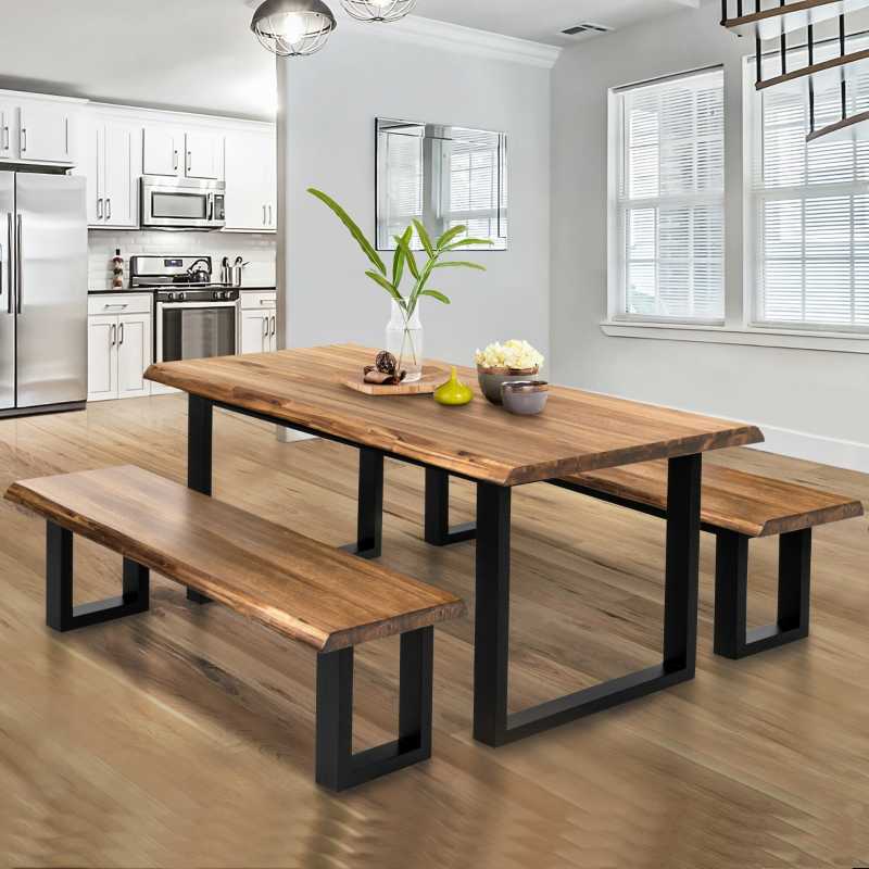 Live Edge Acacia Wood Dining Table Set | Modern Metal Frame | Natural Finish | Din...
