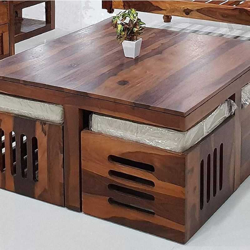 Solid Sheesham Wood Coffee Table Set – Modern Square Design – Honey Finish – Livin...