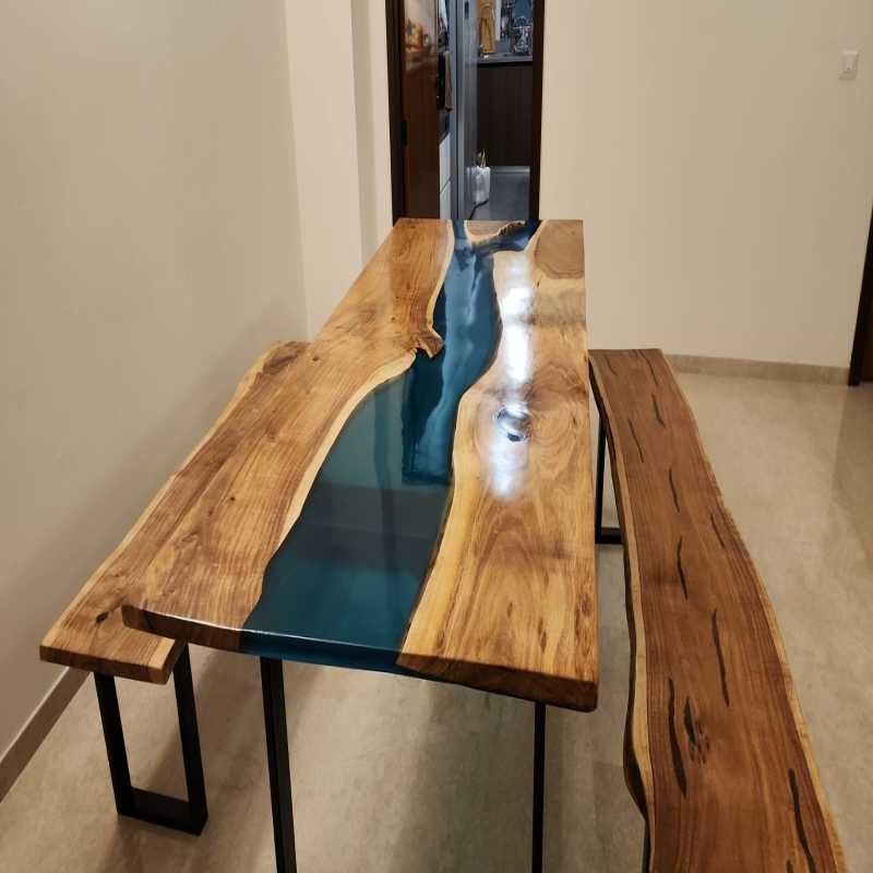 Transparent Blue Epoxy River Dining Table with 1 Bench – Acacia Wood Set | DIninr Room Table , Kitchen Epoxy River table