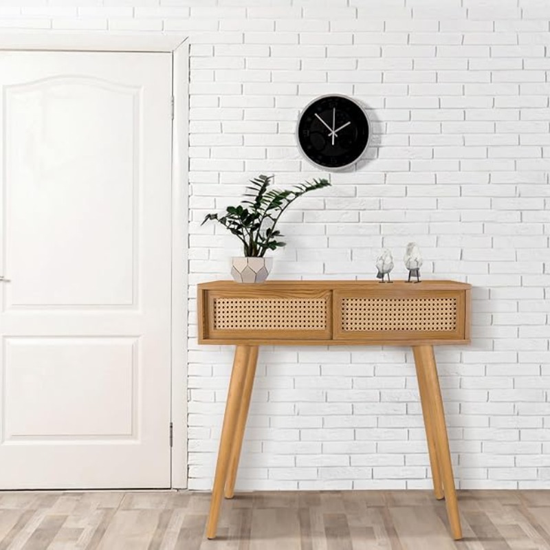 Rustic Boho Style Wooden Console Table with Rattan Sliding Drawers