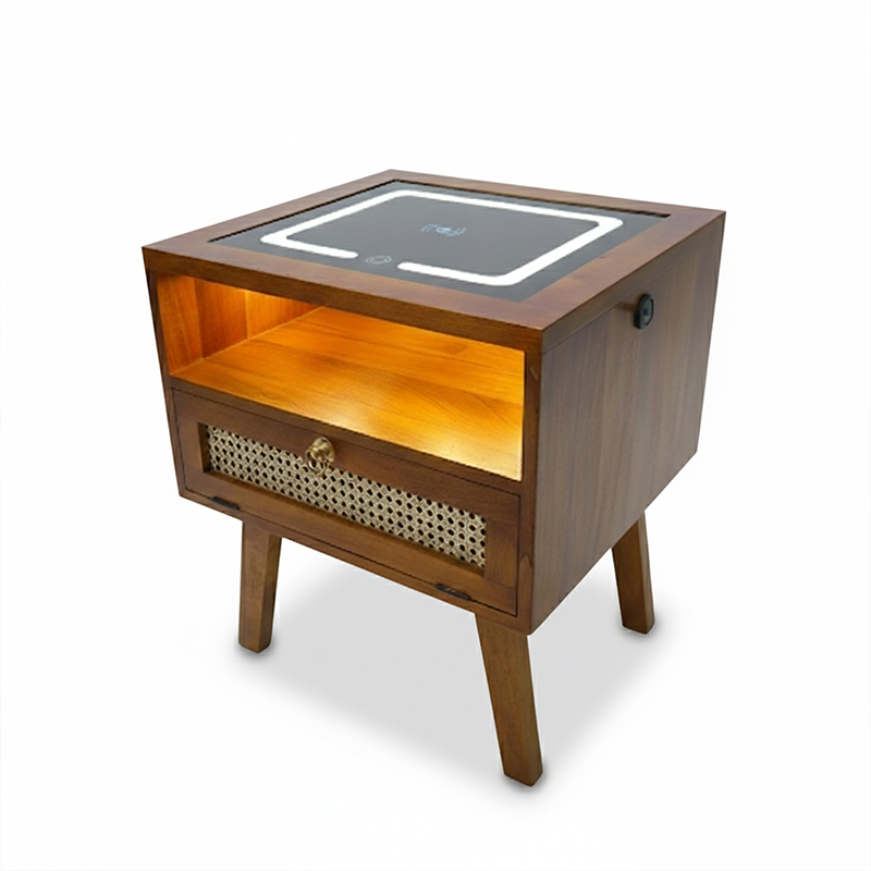 Smart Solid Wood Bedside Table with Wireless Charging Station, LED Light, Rattan D...
