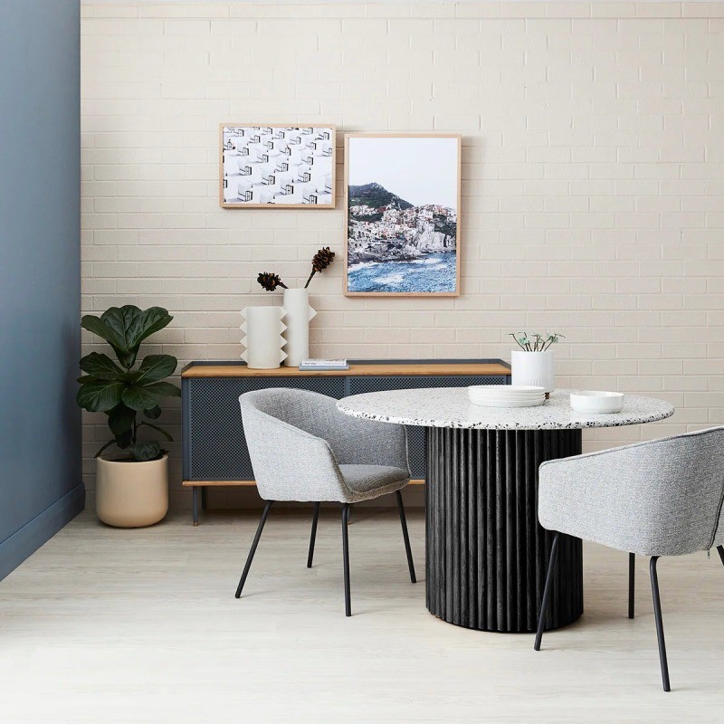 TerraForma Round Stone Dining Table – Natural Terrazzo Stone Top & Solid Mango Woo...