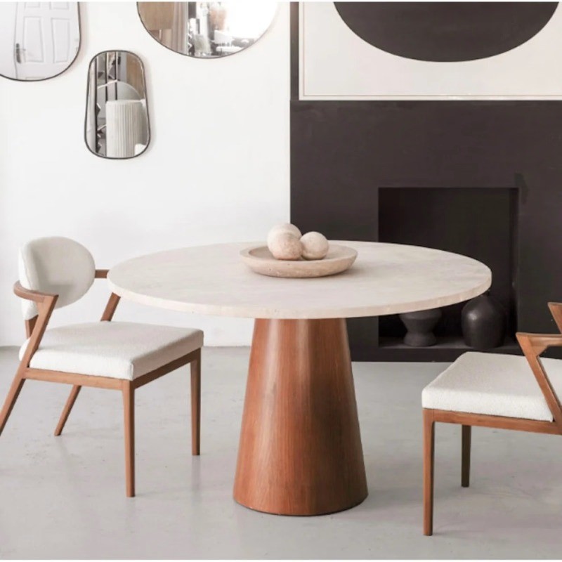 Luna White Sandstone Round Dining Table – White Sandstone Top & Mango Wood Base – ...