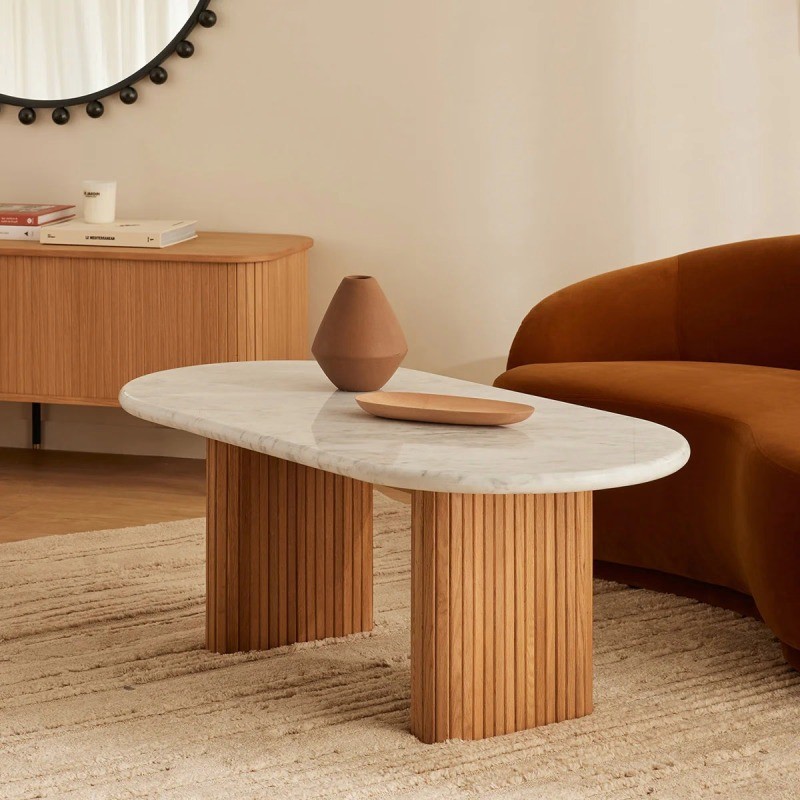 Ova Marble coffee table with Vertical Slatted Wooden Base – White Marble & Acacia ...