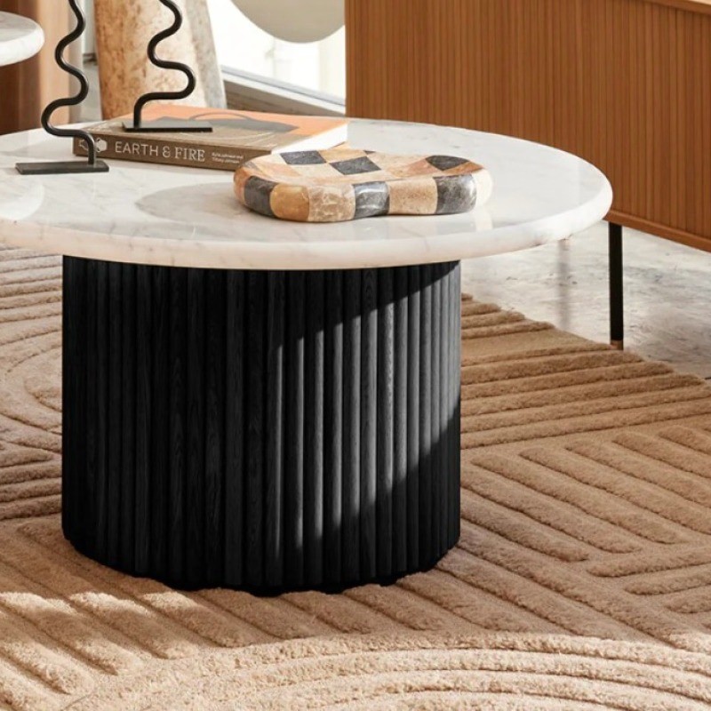 Vogue Round Marble Coffee Table with Fluted Black Wood Base – Modern Luxury Living...