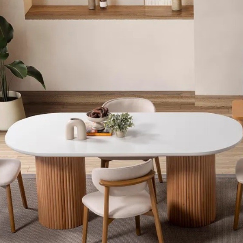 Mardita Oval White Marble Dining Table with White Top Fluted Wooden Base 6 Seater ...