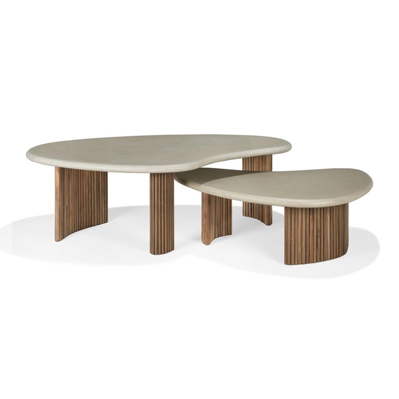 Marwo Marble Nesting Coffee Table Set – 2-Piece Organic Kidney Shape with Stone-Fi...