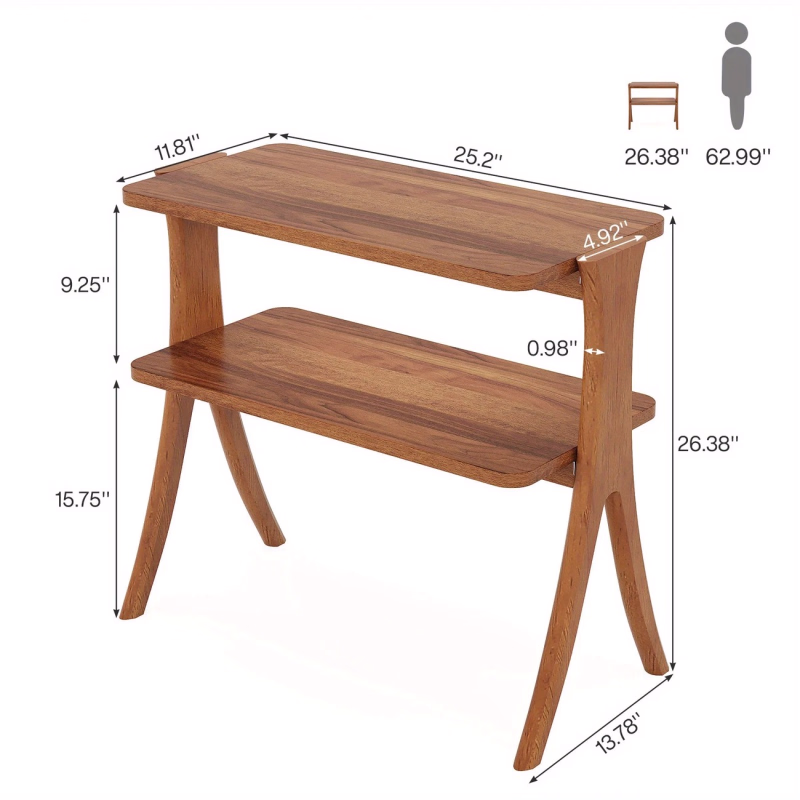 Tall Narrow End Table with 2-Tier Shelf and Solid Wood Legs