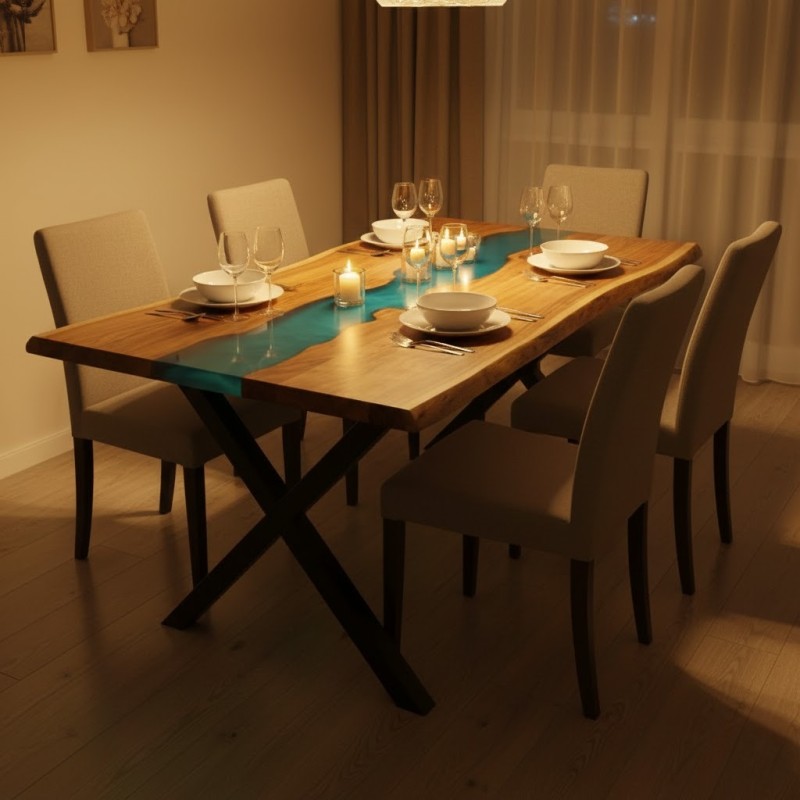 Minimal 6 Seater Dining Table – Epoxy Resin & Wood