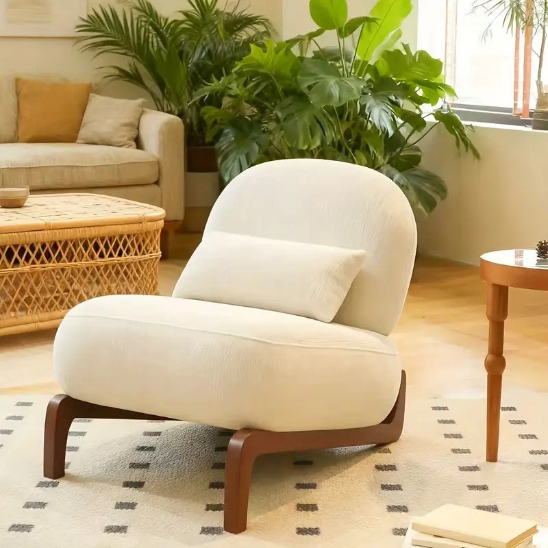 Beige Velvet Accent Chair with Solid Wood Legs - Soft Plush Cushioned Armless Read...