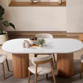 Mardita Oval White Marble Dining Table with White Top Fluted Wooden Base 6 Seater ...