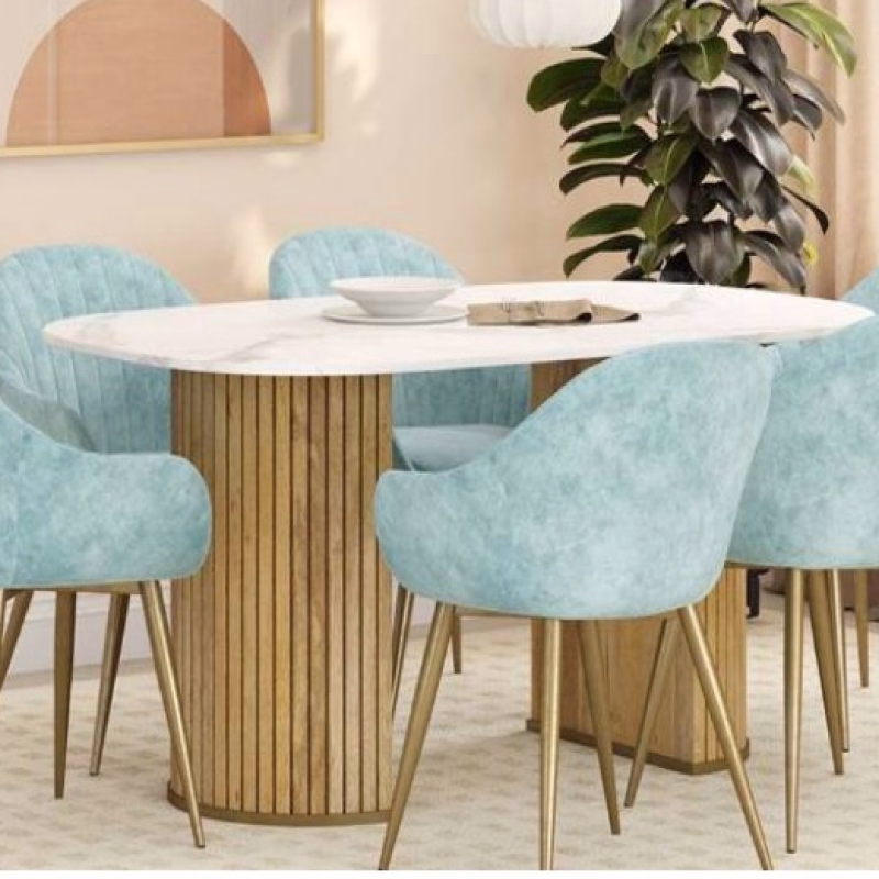 Woodensure 6 Seater Marble Top Rectangular Dining Table Set